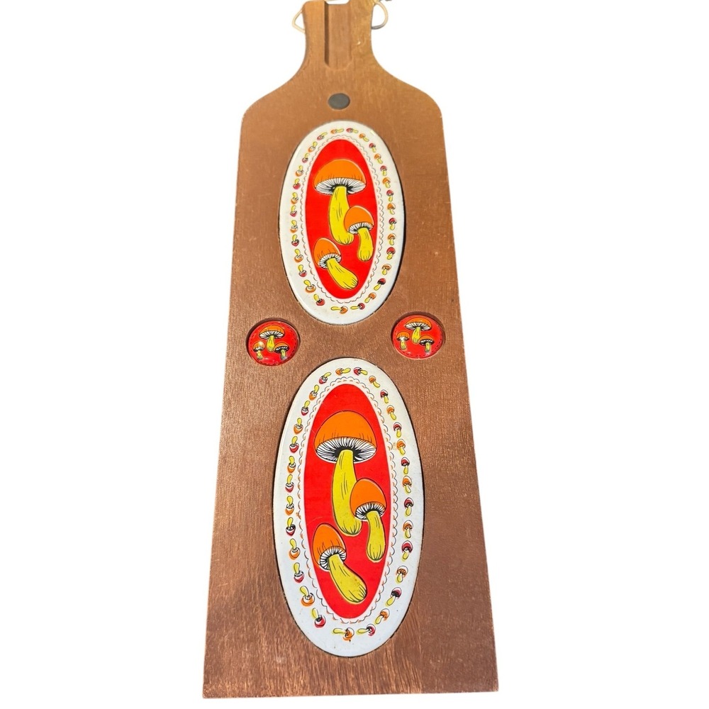 Vintage 70s Mushroom Wood Cutting Board MCM Retro Orange Yellow Fungi Decor 18"